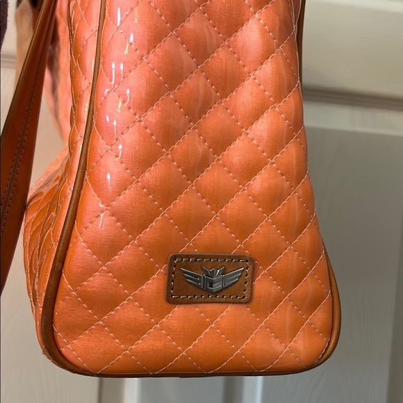 Consuela Orange Quilted Tote with Brown  Leather Accents, patent coated - Picture 6 of 10